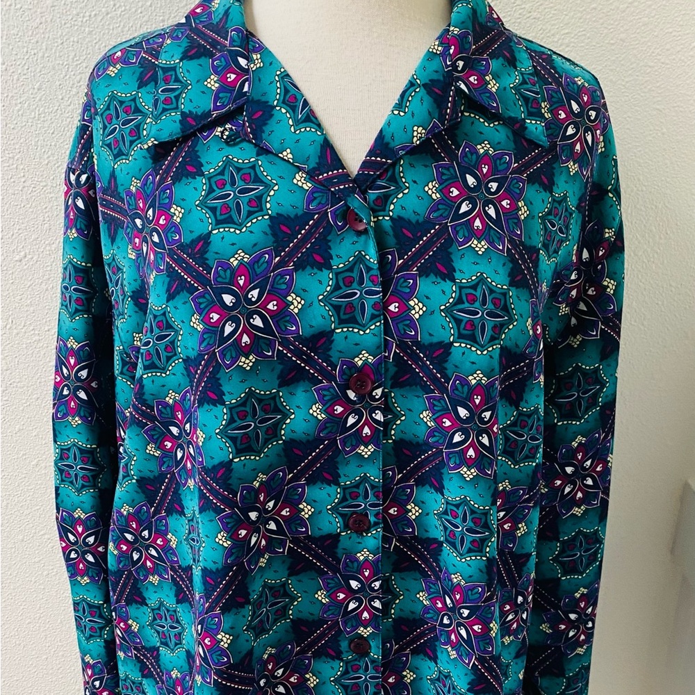 Christie &Jill Teal and Purple Floral Button Down Shirt Size XL